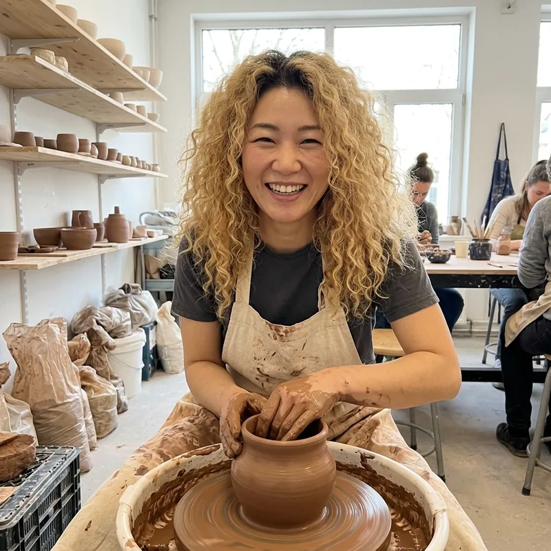 Jenny Lee at a clay workbench