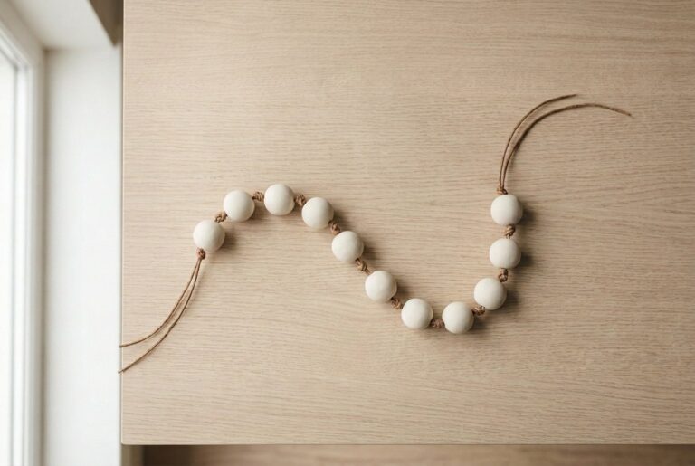 A finished strand of round off-white clay beads on a pale oak table