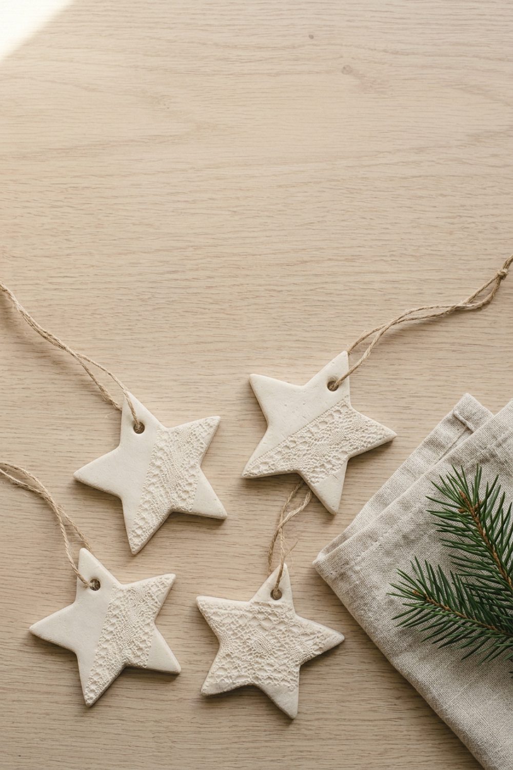 Handmade air dry clay Christmas ornaments with twine hangers