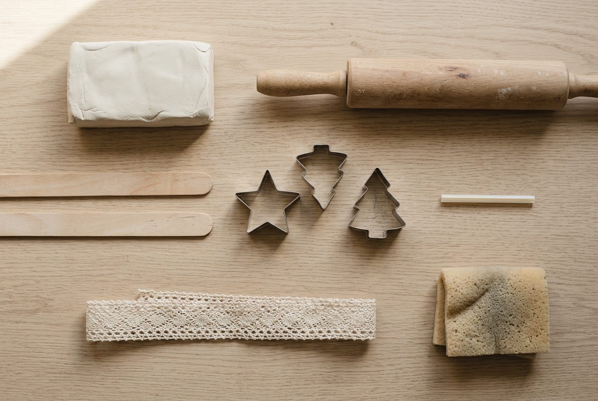 Air dry clay, rolling pin, guide strips, cutters and a drinking straw on a pale oak table