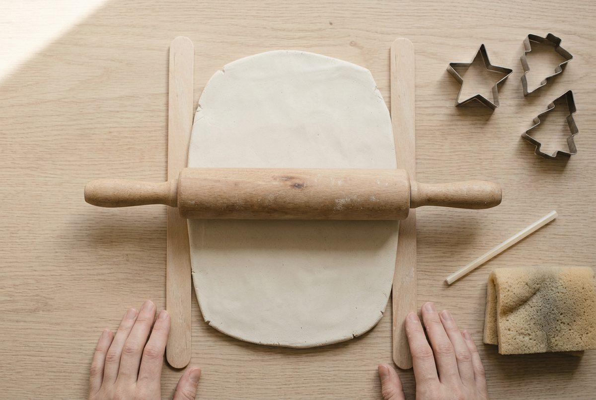 A slab of clay rolled flat between two wooden guide strips