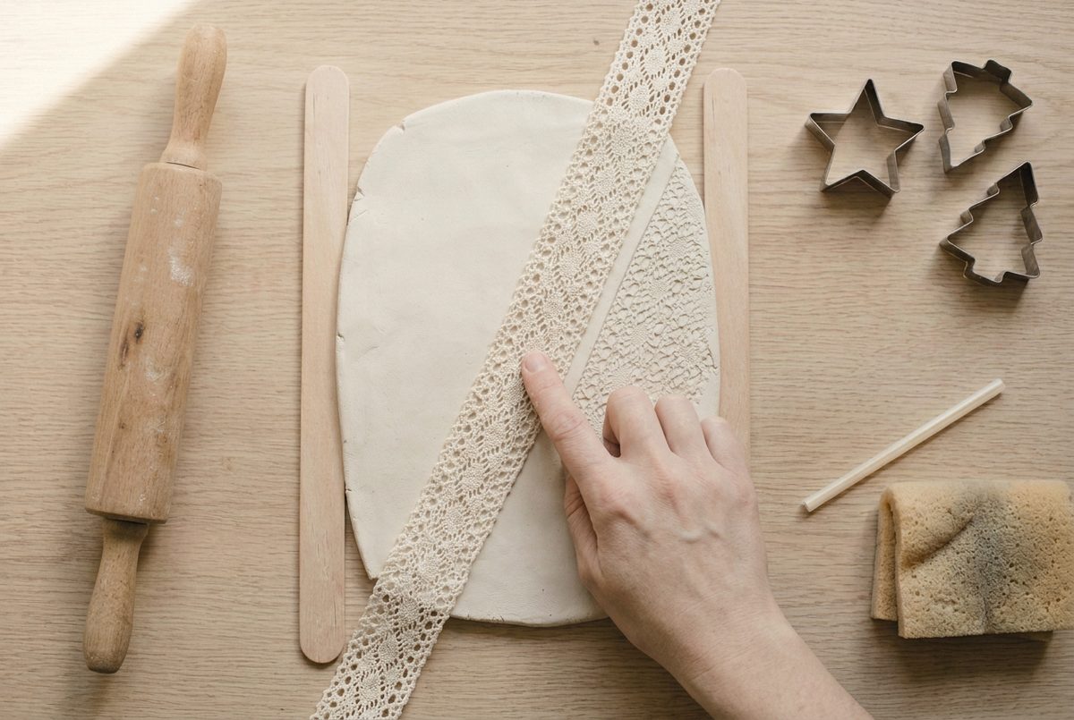 Coarse lace being pressed into the surface of a rolled clay slab