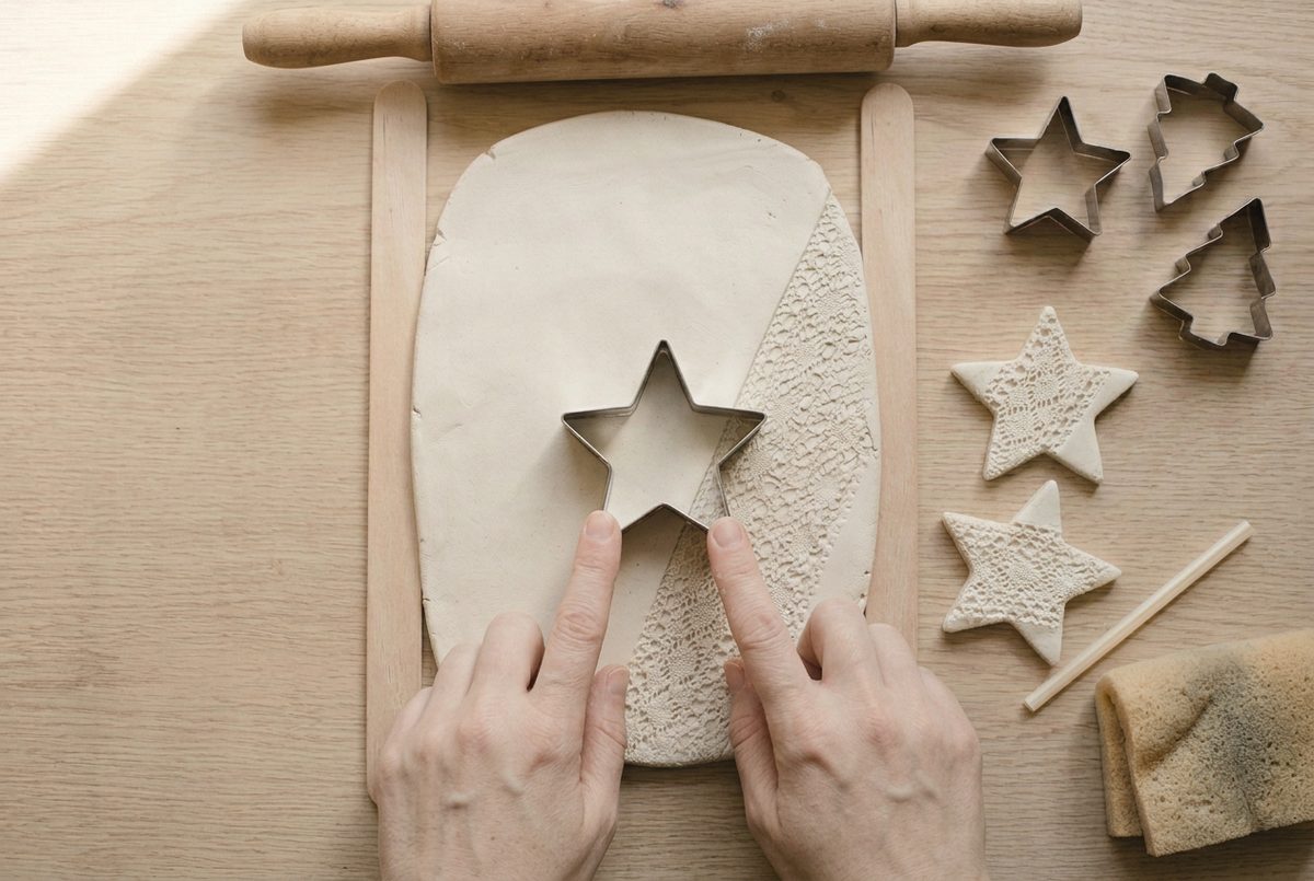 A star ornament about 7cm across being cut from a textured clay slab