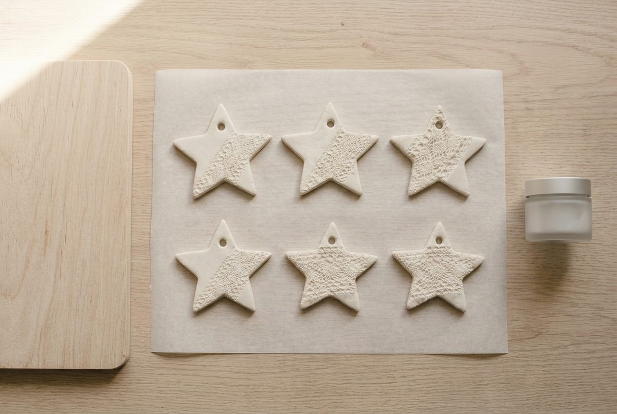 Clay ornaments drying flat under a board between sheets of parchment