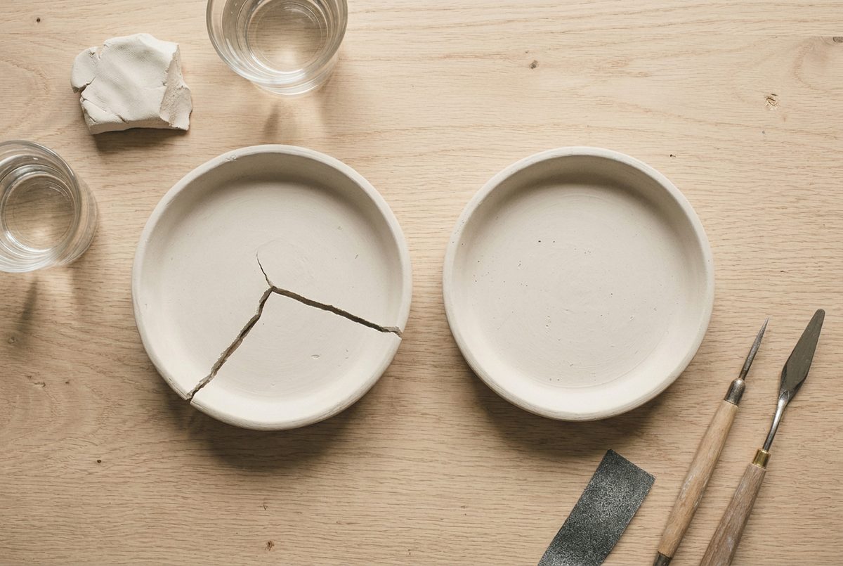 A dish cracked through the base beside one built at an even thickness