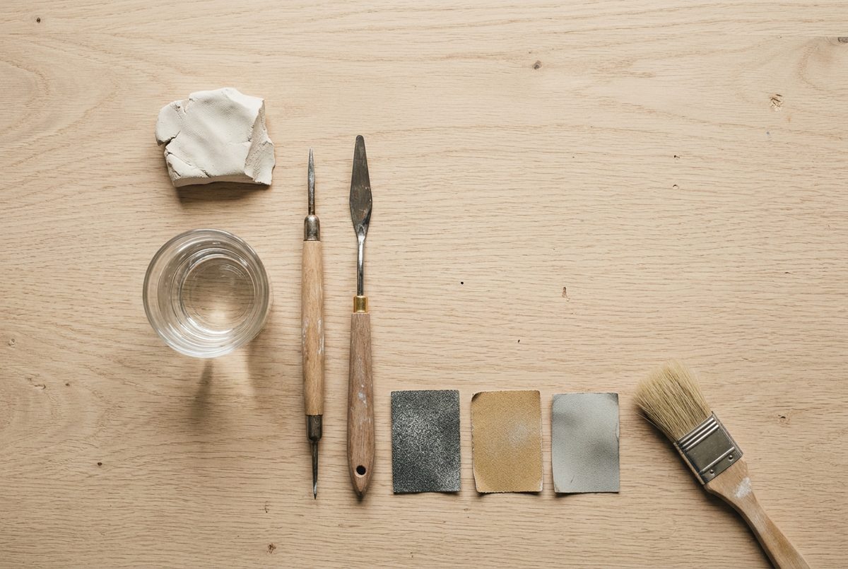A small pot of clay slip, a modelling tool, sandpaper and a soft brush on a pale oak table