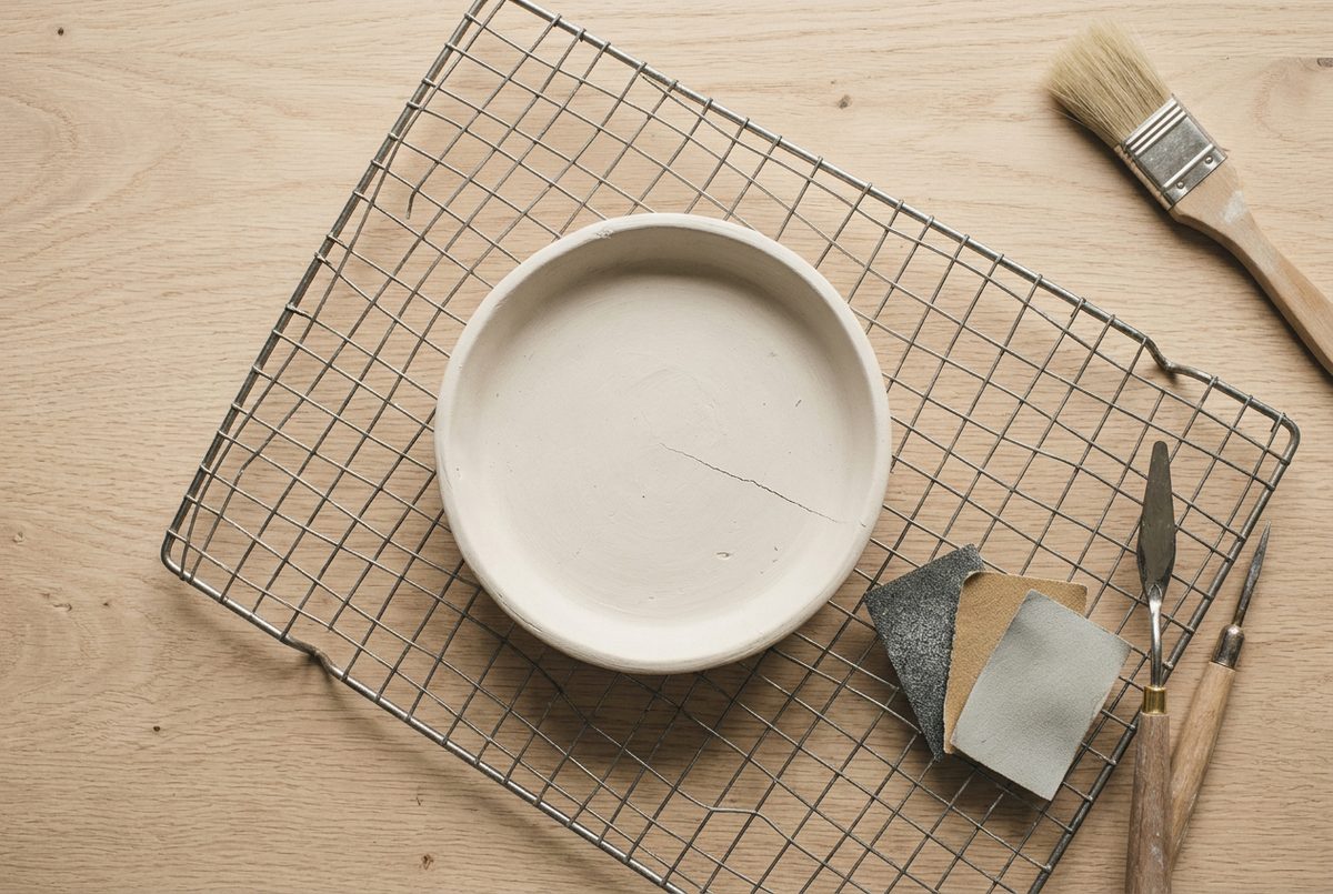 A cracked off-white clay dish resting on a wire rack