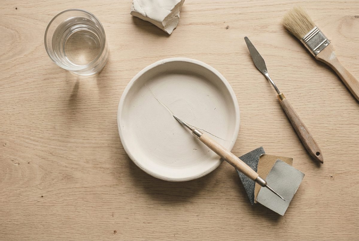 A pointed modelling tool resting in a fine surface crack across a clay dish
