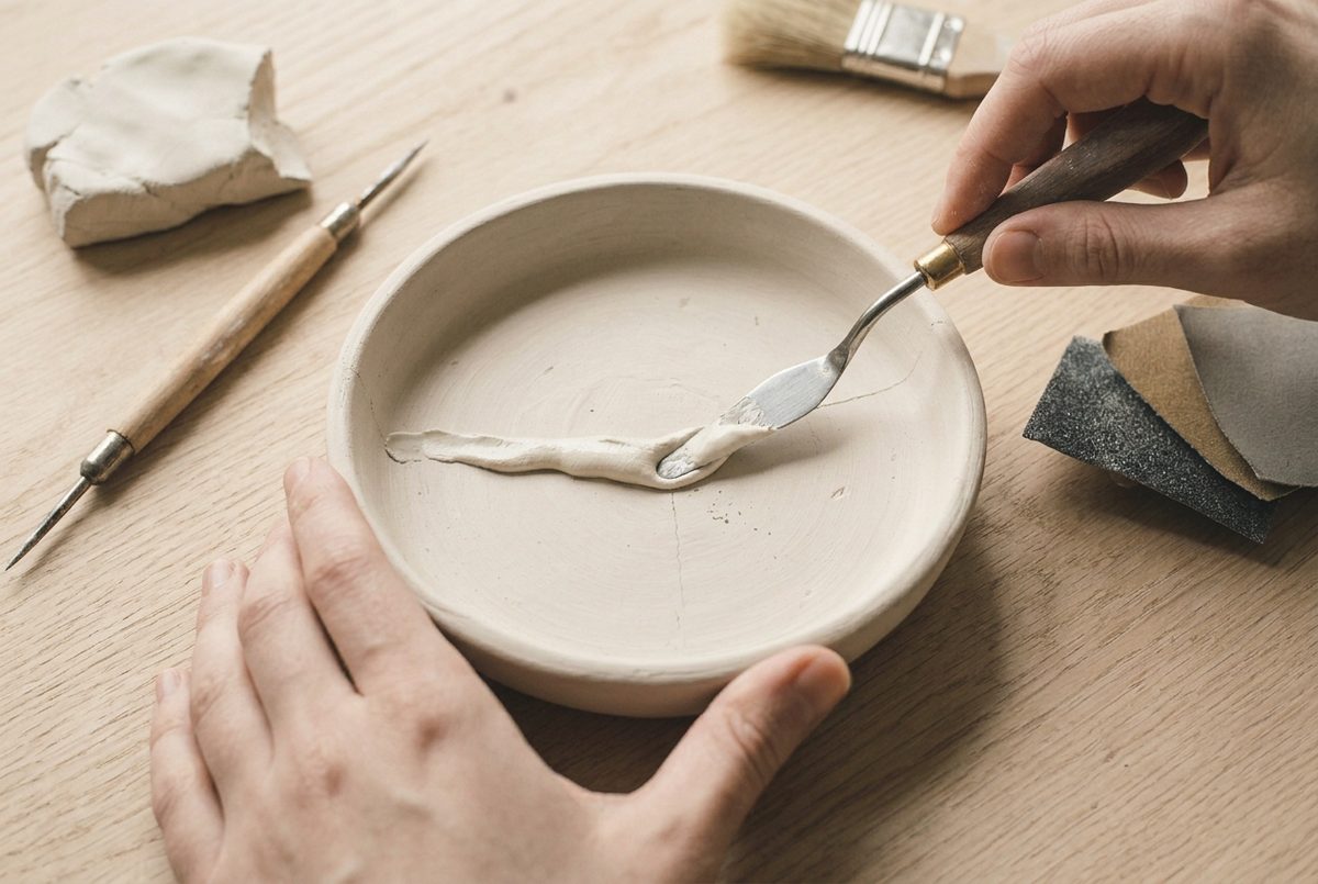 Clay paste being pressed into the widened groove with a palette knife