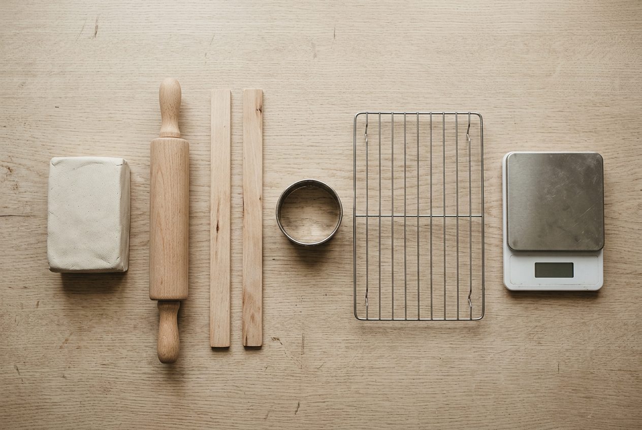 Clay, a rolling pin, guide strips, a rack and a scale on a table