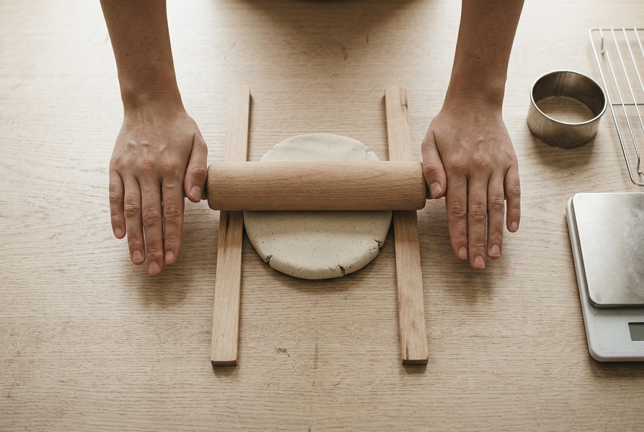 A rolling pin flattening clay to an even sheet between two strips