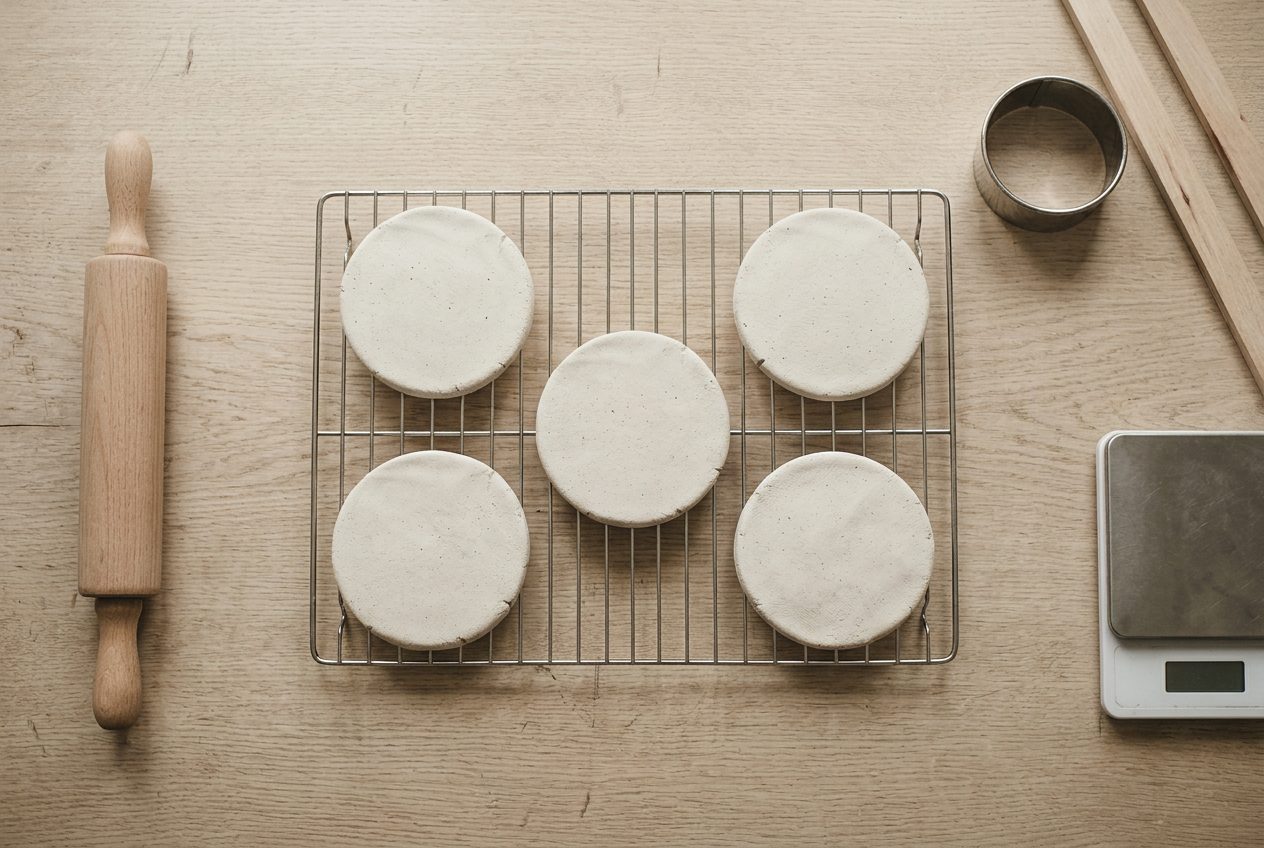 Round clay discs spaced out on a wire rack to dry on both faces