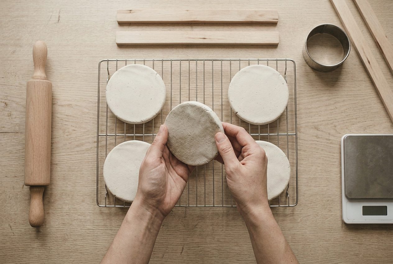 A clay disc being turned over on the rack to dry its other face
