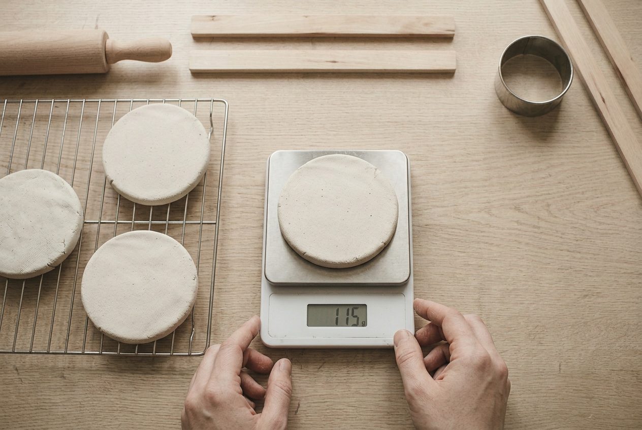 A clay disc sitting on a small kitchen scale being weighed