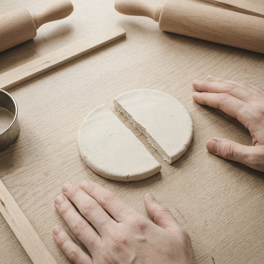 A snapped clay disc showing an even pale colour through the break