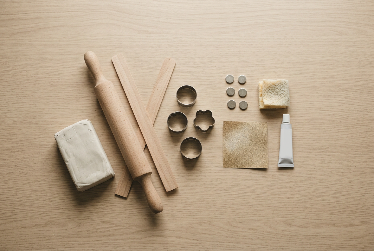Clay, a rolling pin, small cutters, magnets and glue on a pale oak table