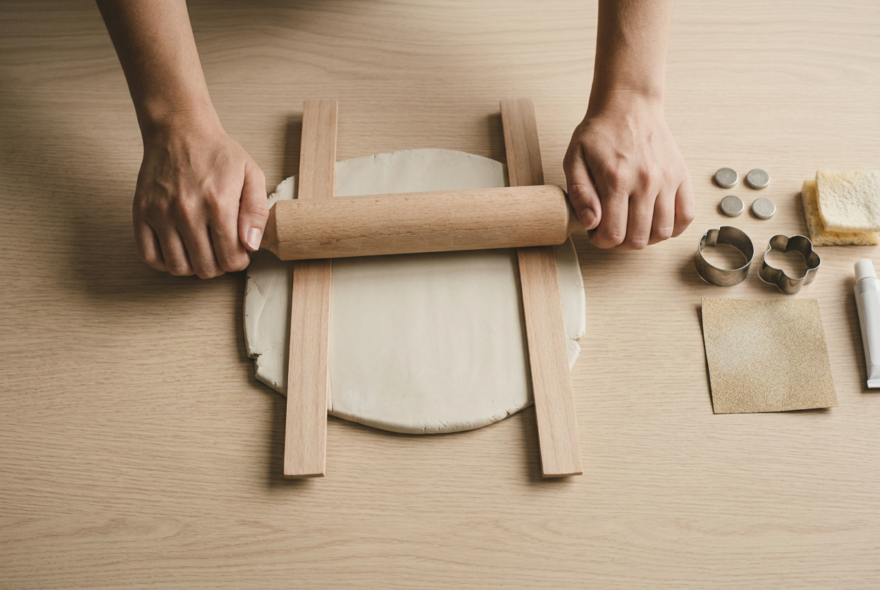 A clay slab being rolled to six millimetres between two guide strips