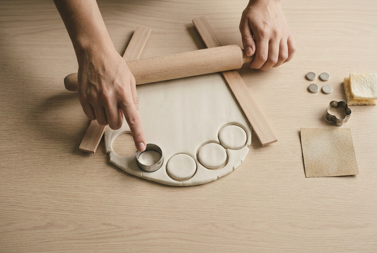 A small cutter pressing a four centimetre shape from a clay slab