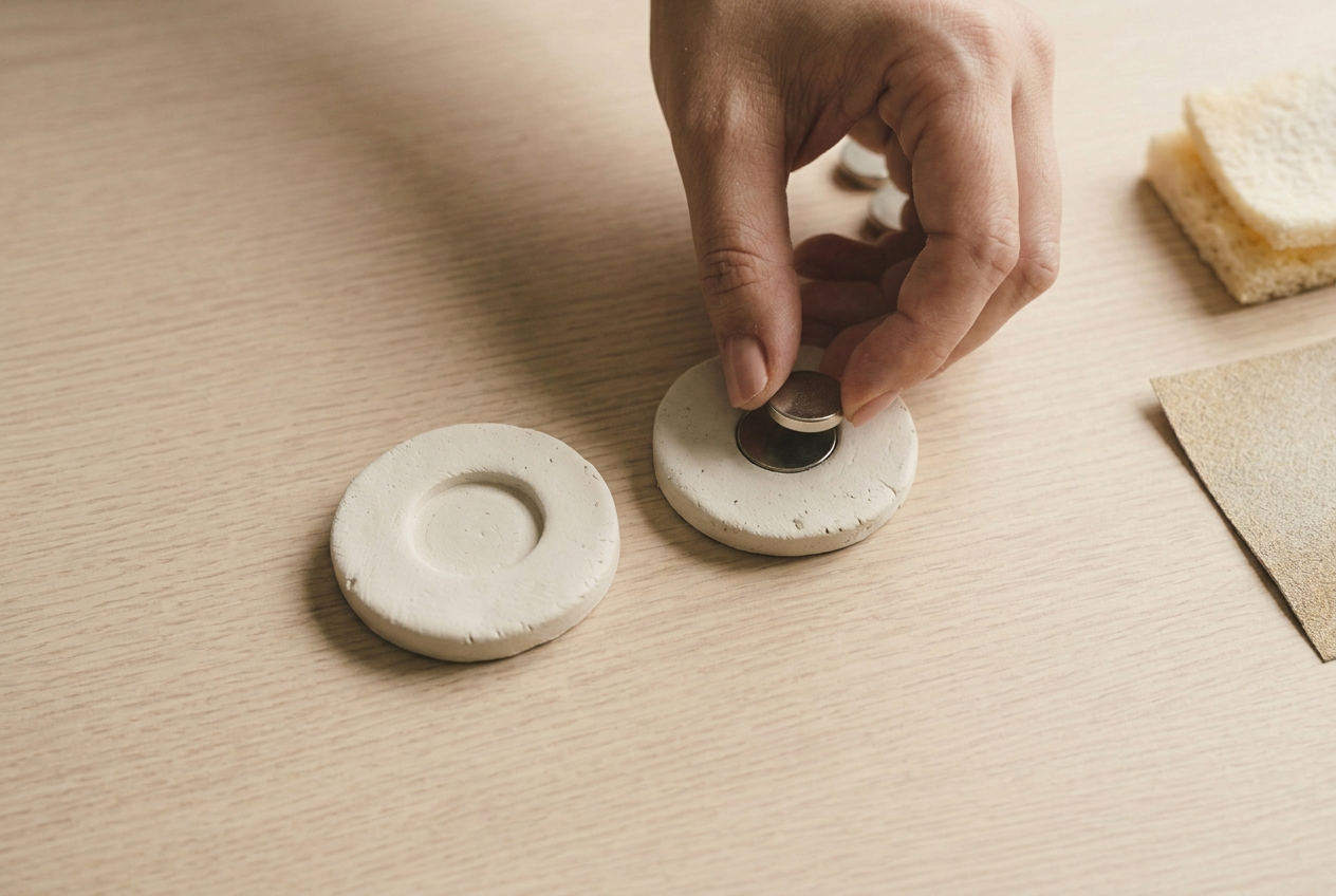 A disc magnet being pressed into the back of a soft clay shape to leave a well