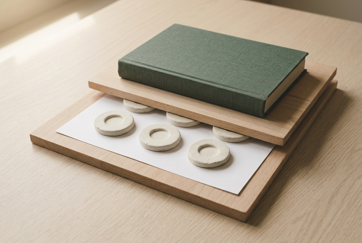 Small clay shapes laid out on a board with a second board weighted on top
