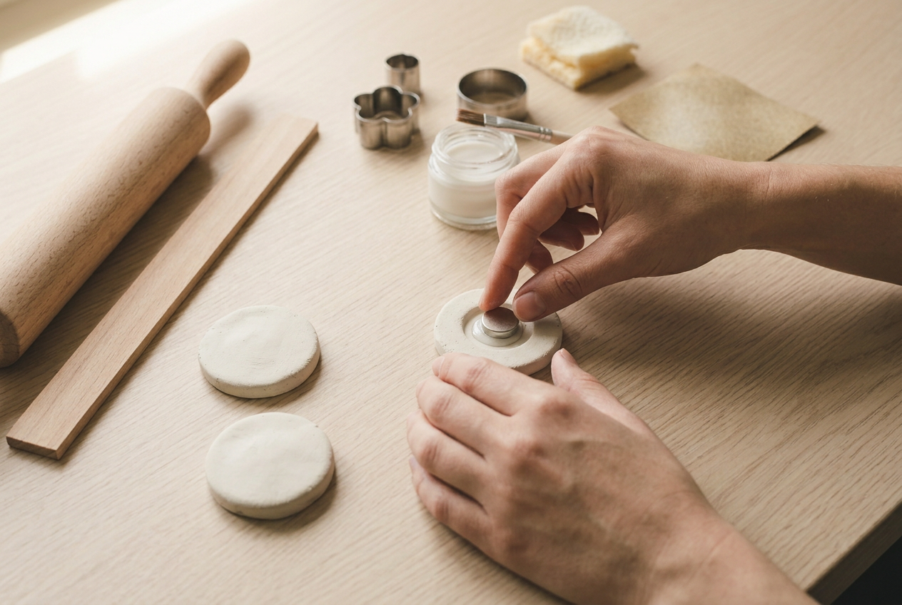 A magnet being glued into the recess on the back of a dry clay shape