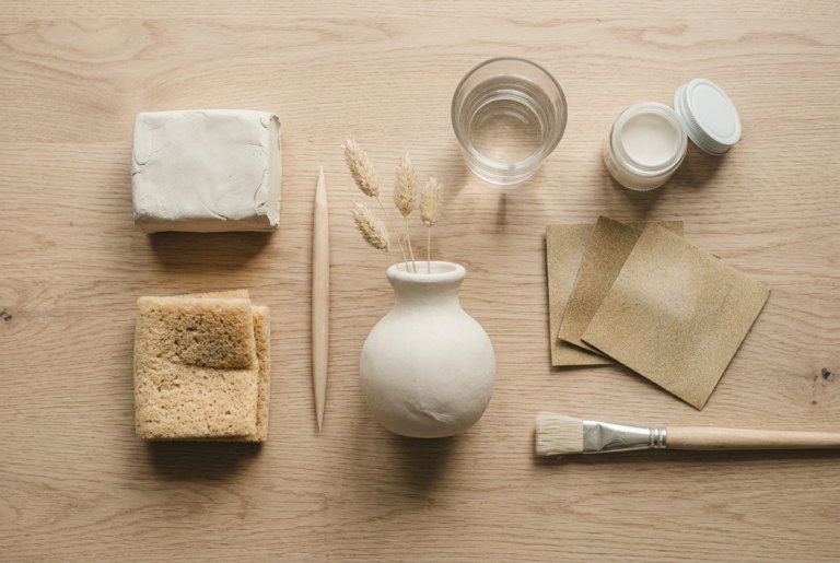 A small off-white clay vase holding dried stems on a pale oak table