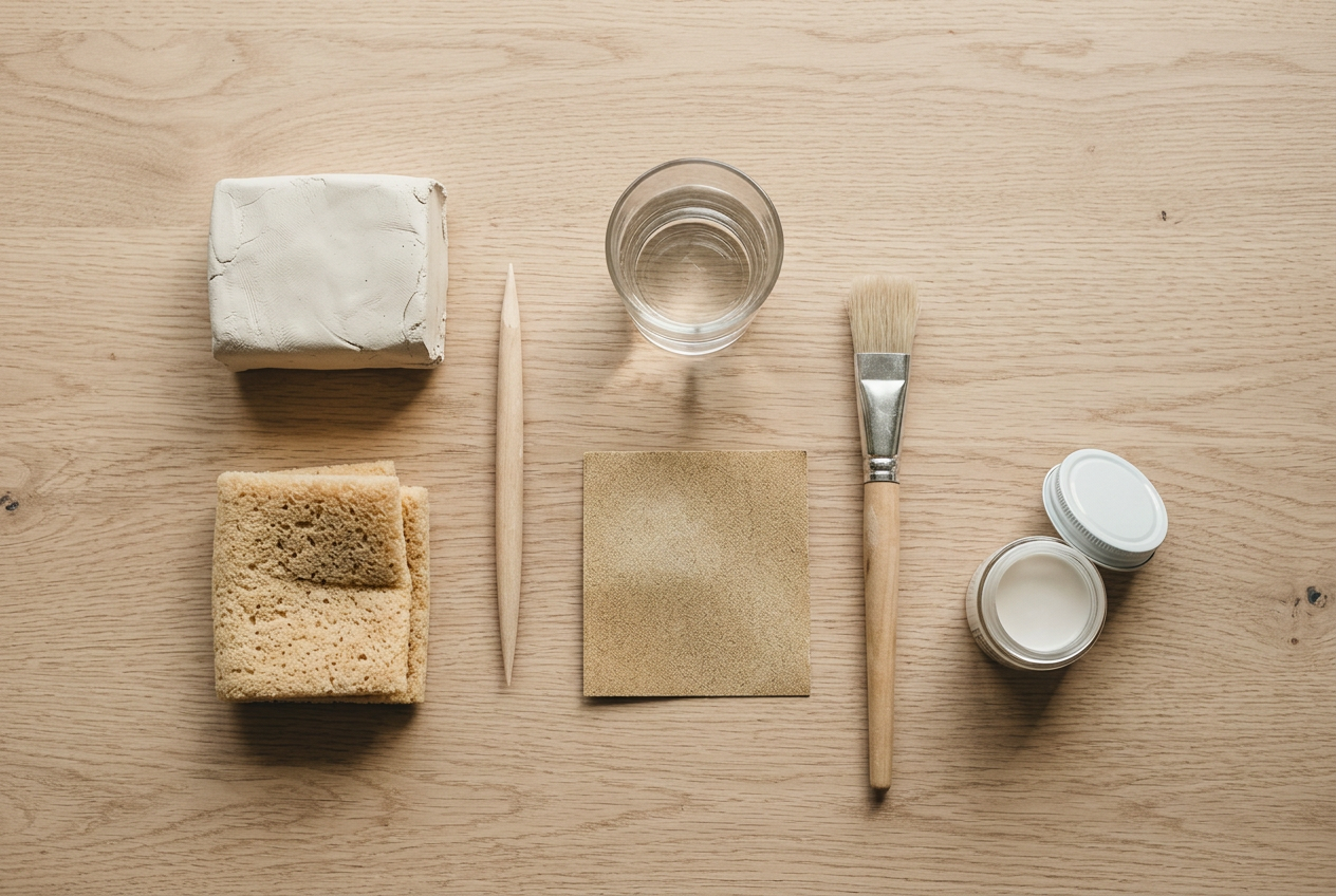 Clay, a damp sponge, a modelling tool and sandpaper laid out on a pale oak table