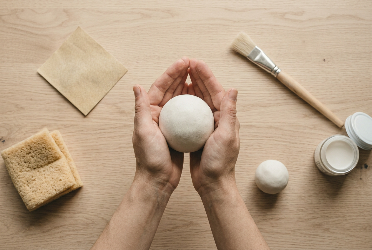 A smooth ball of clay being rolled between two palms above a pale oak table