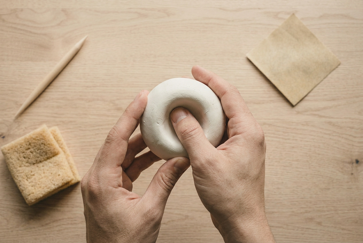 A thumb pressed into the centre of a clay ball to open the first hollow