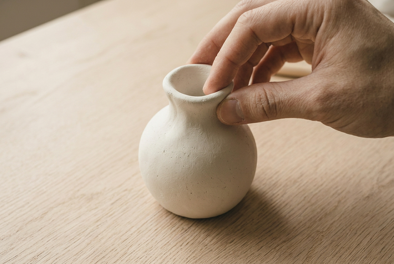 Fingertips narrowing the neck of a small clay vase