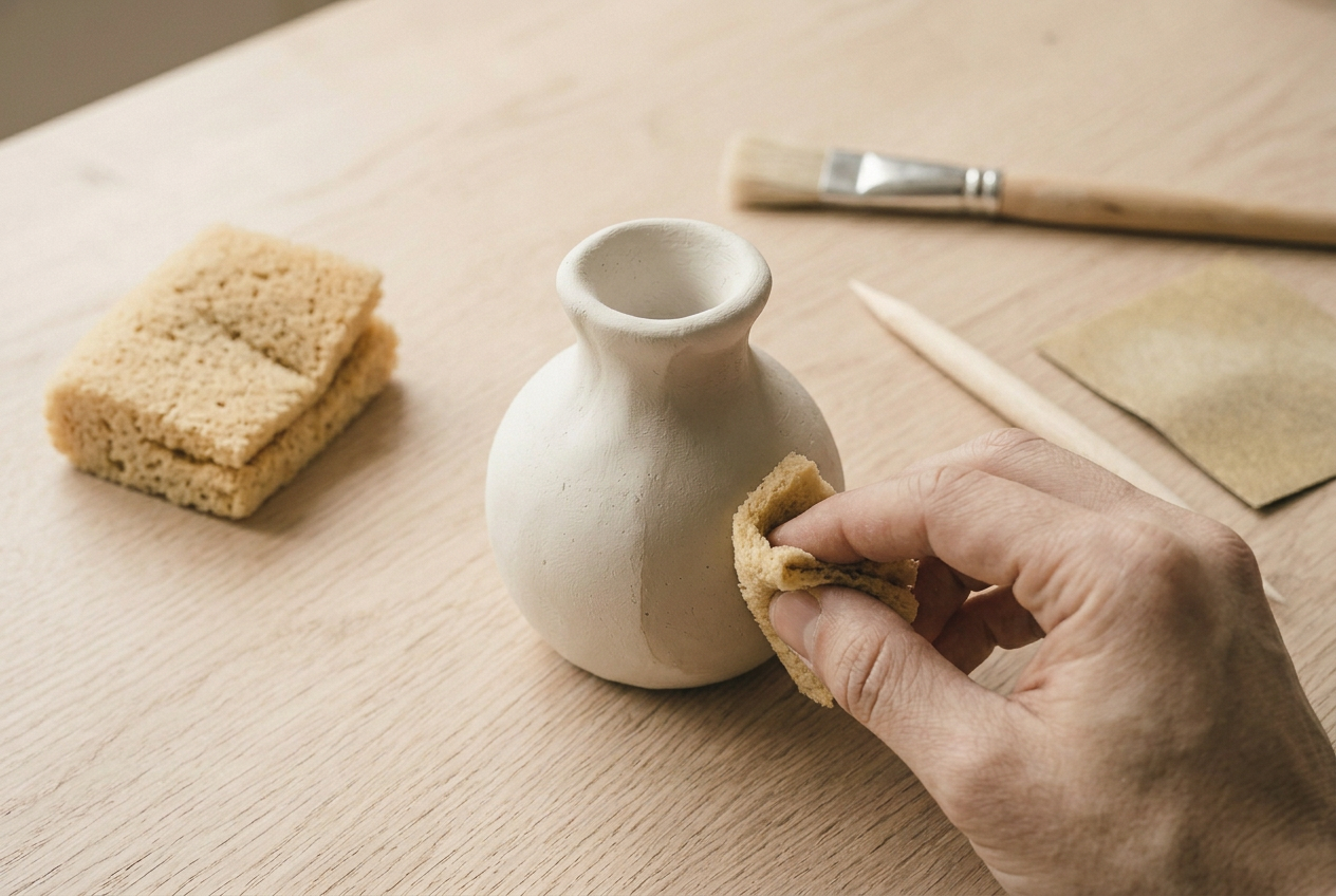 A damp sponge smoothing the outside of a small clay vase