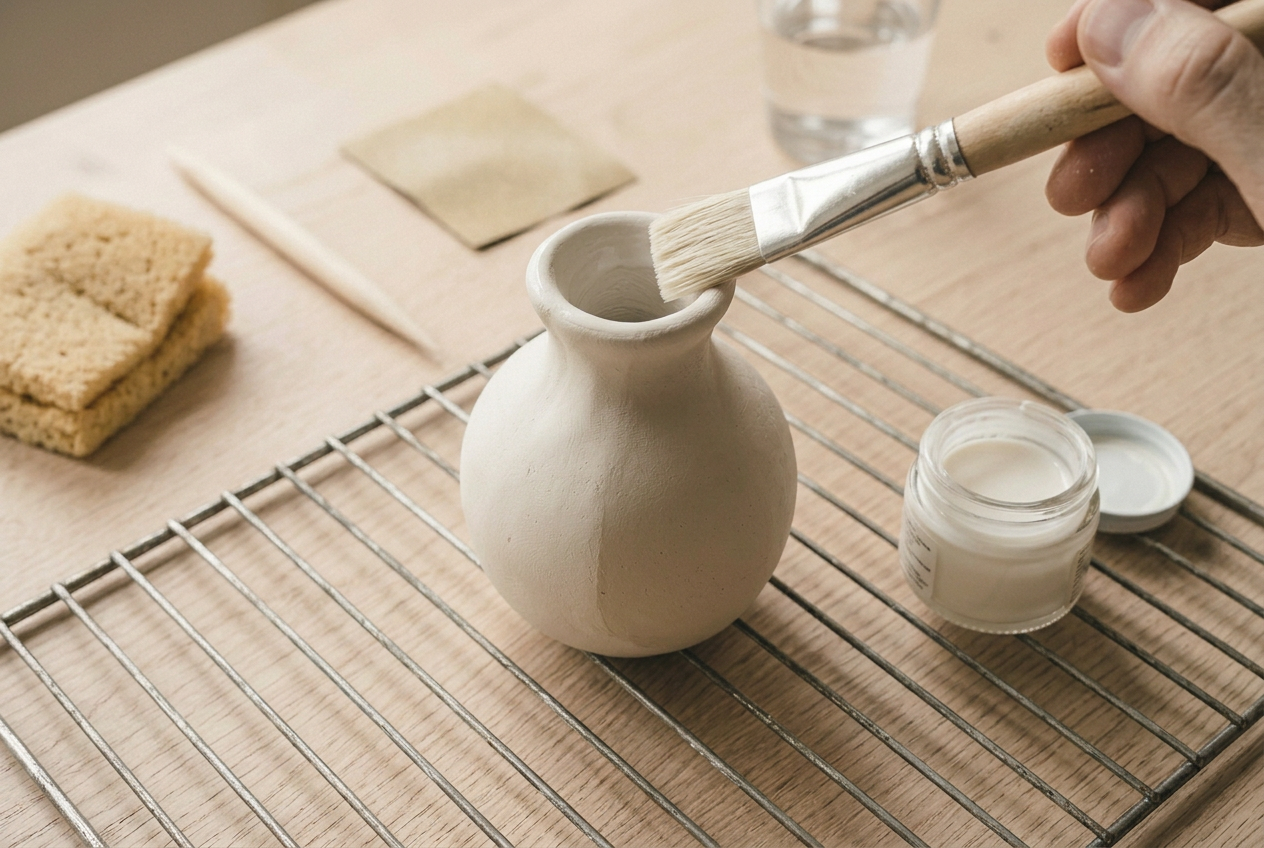 A brush painting sealer into the neck of a dry clay vase on a wire rack