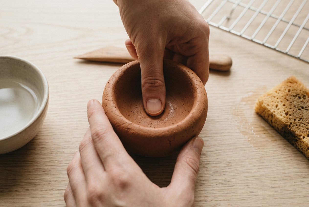A thumb pressed straight down into the centre of the clay ball