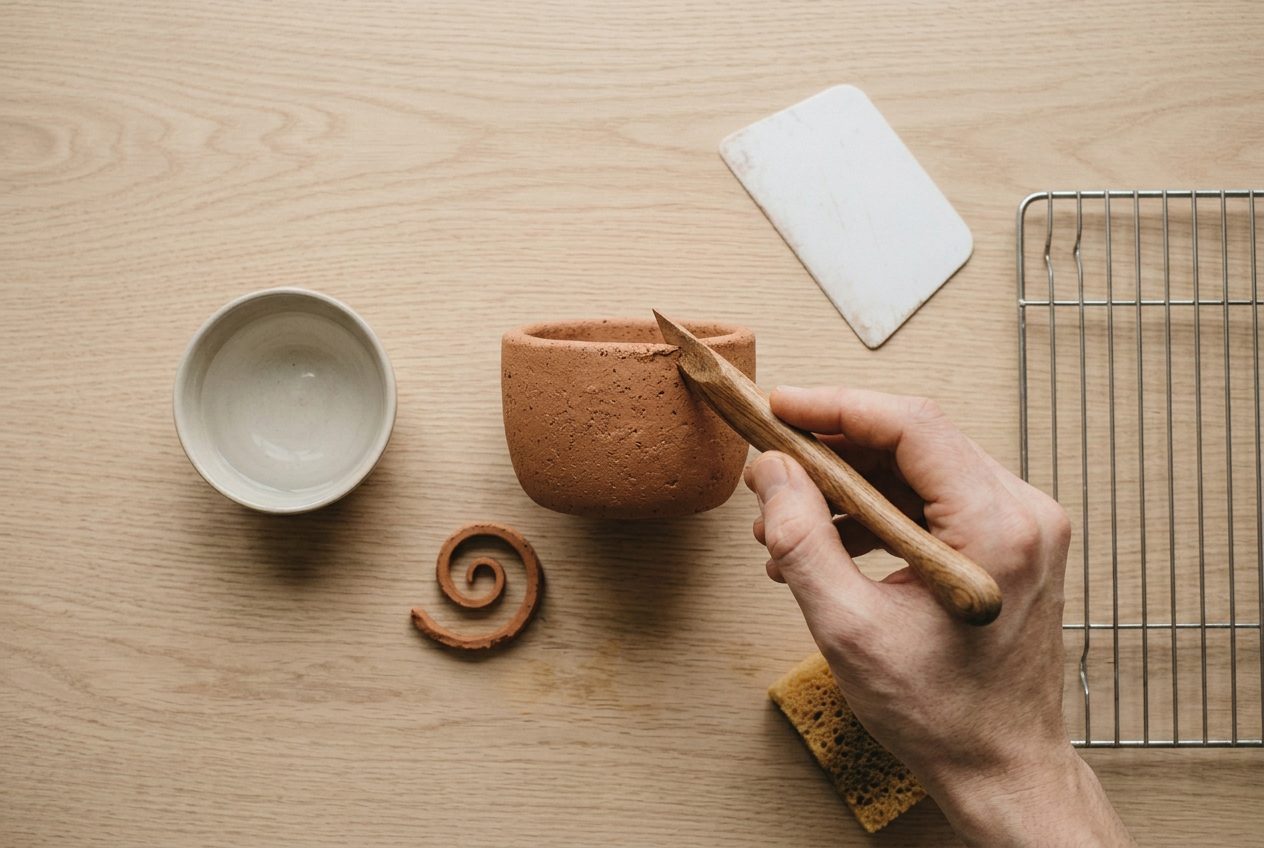 A modelling tool levelling the rim of the finished pot