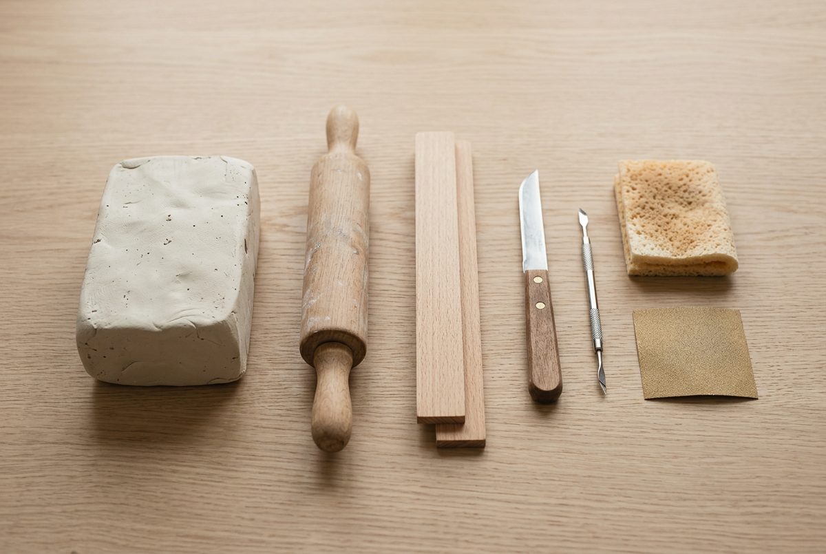 Air dry clay, a rolling pin, craft knife and scoring tool on a pale oak table