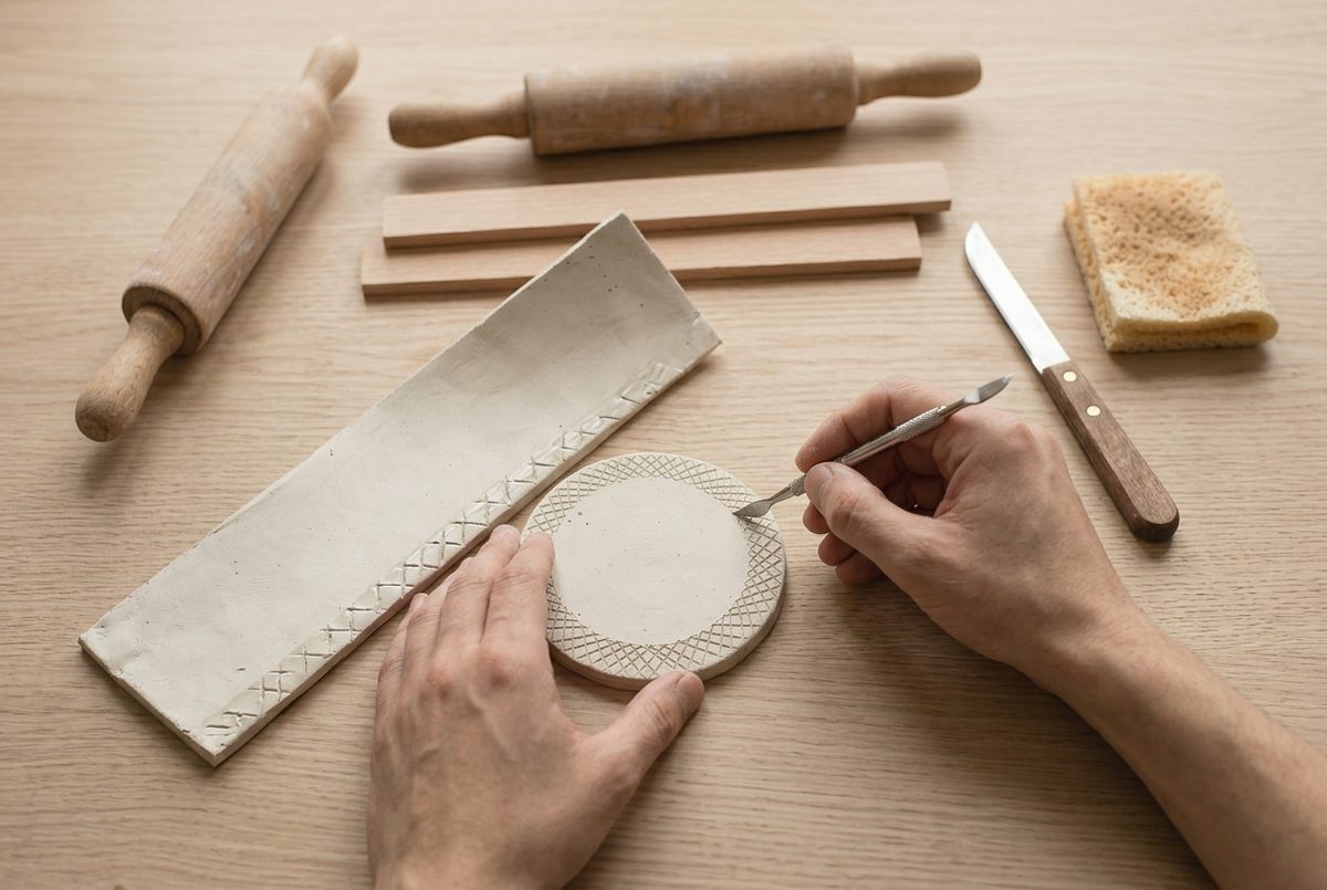Cross-hatched scoring marks being cut into the clay before joining the wall