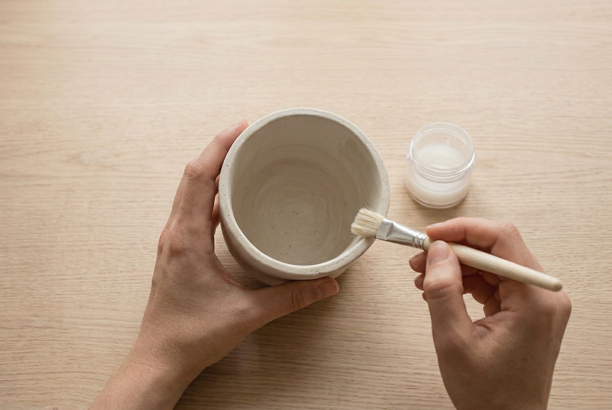 A soft brush painting sealer onto the inside wall of a dry clay pot