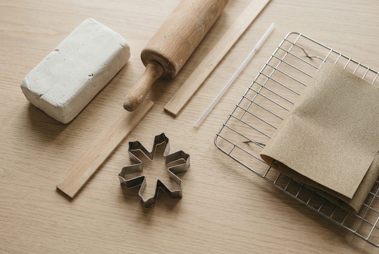 White clay, a rolling pin, a cutter and a straw on a table