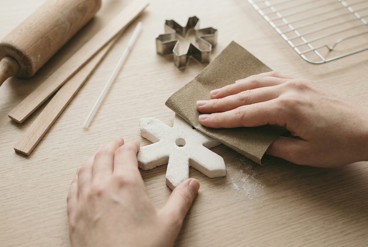 Fine sandpaper smoothing the arm of a dry white clay snowflake
