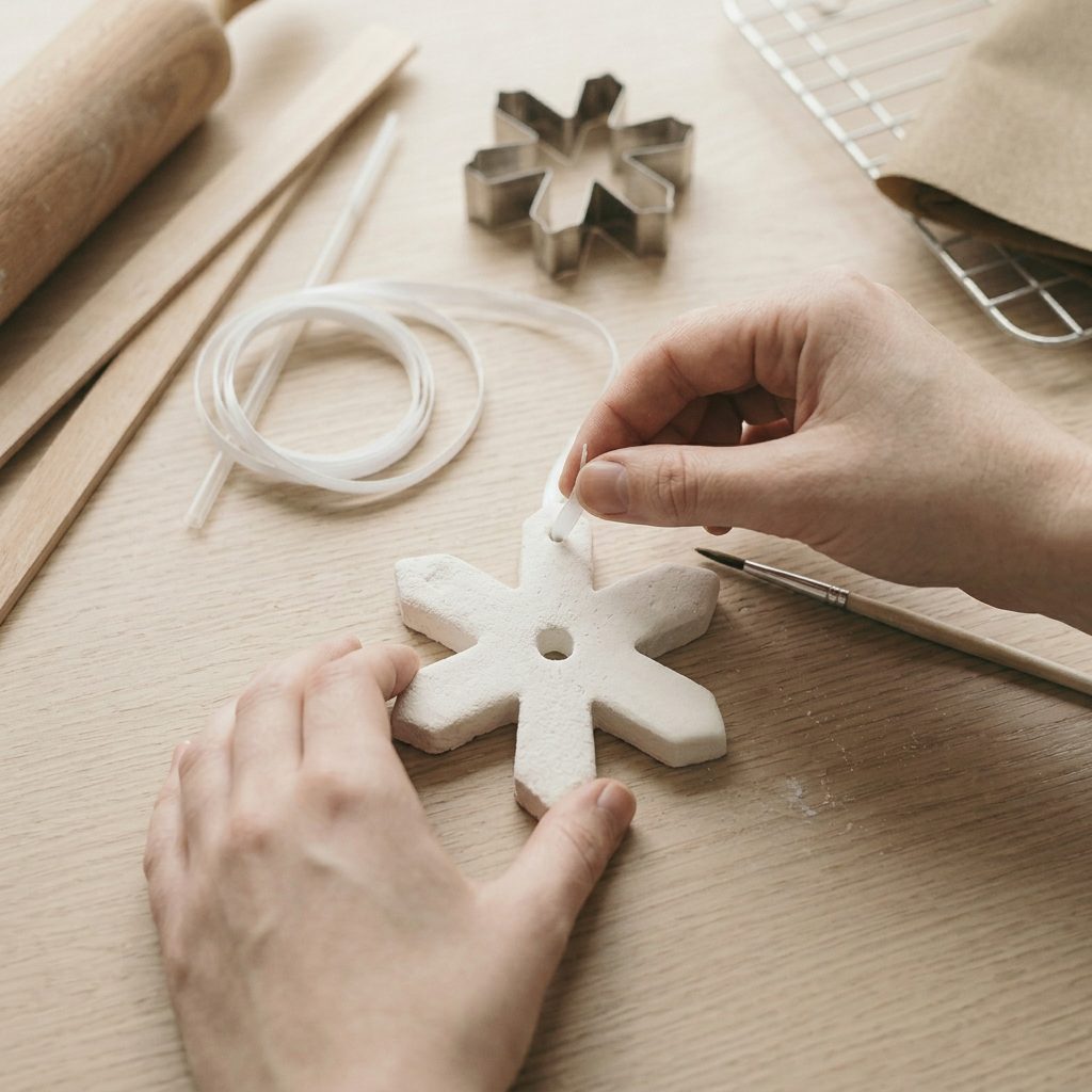 White ribbon being threaded through a sealed clay snowflake