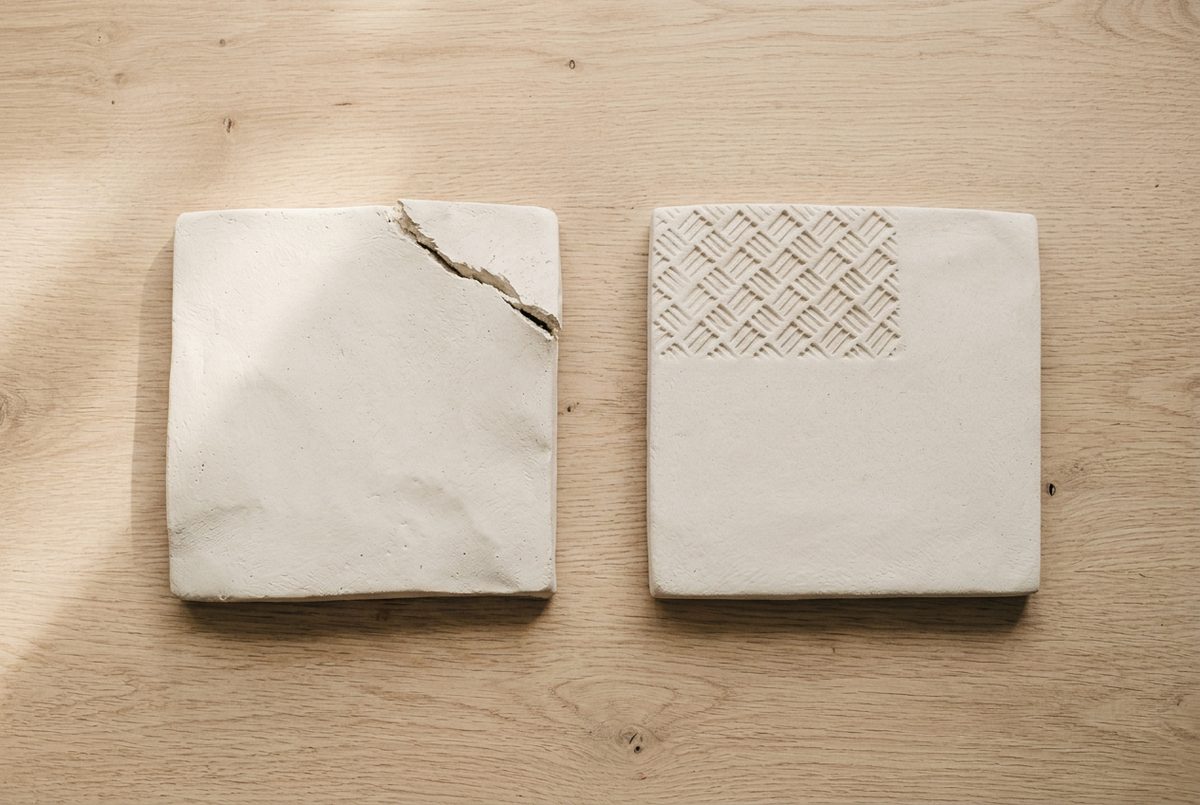 A cracked coaster rolled by eye beside an even one rolled between guides