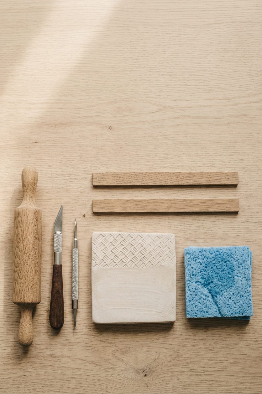 A basic air dry clay tool kit arranged on a pale oak table