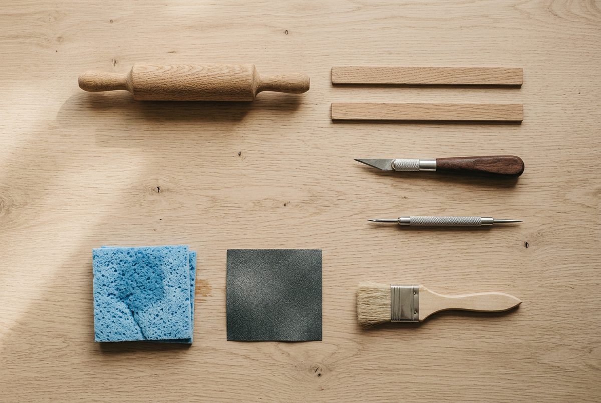 A rolling pin, guide strips, craft knife, scoring tool, sponge and sandpaper on a pale oak table
