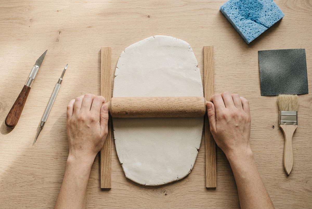 A slab of clay rolled to an even thickness between two wooden guide strips