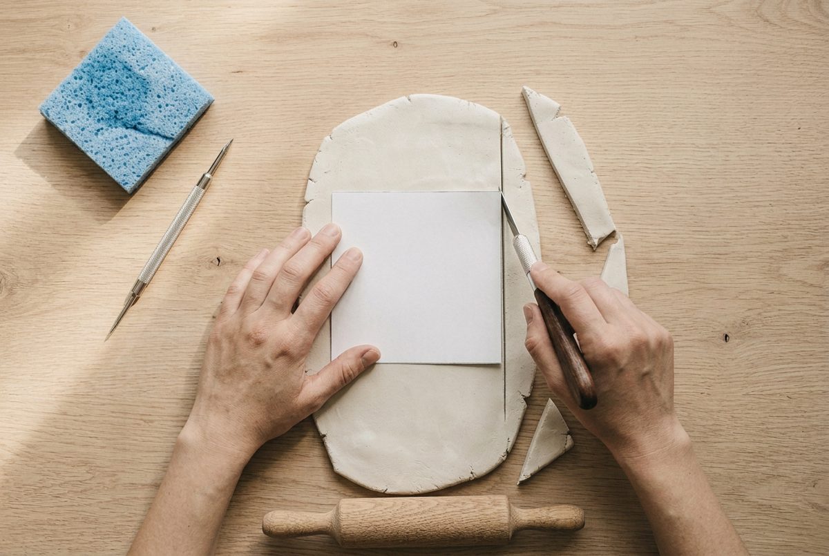 A craft knife cutting a coaster about 10cm across around a paper template