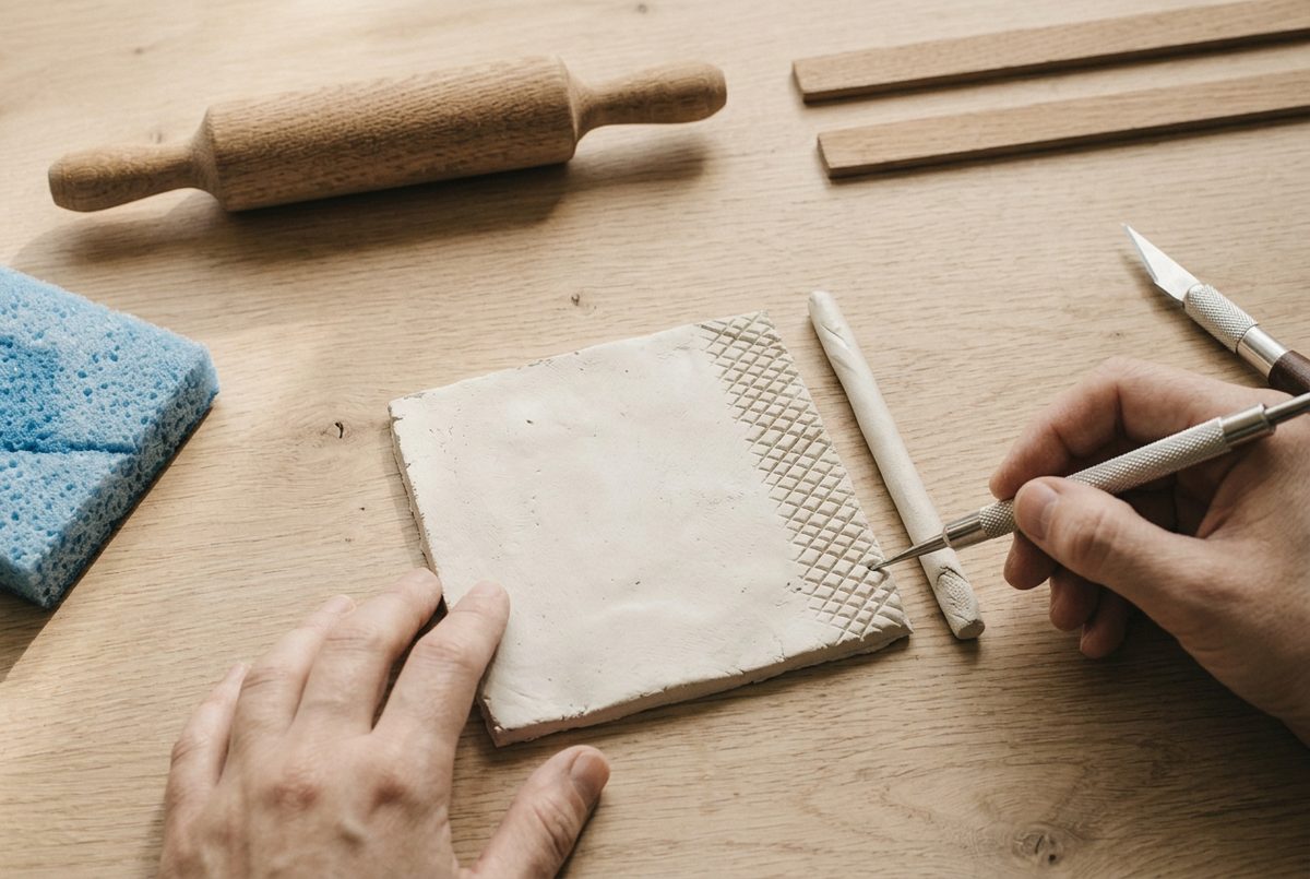 A pointed tool cutting cross-hatch marks into the edge of a clay coaster