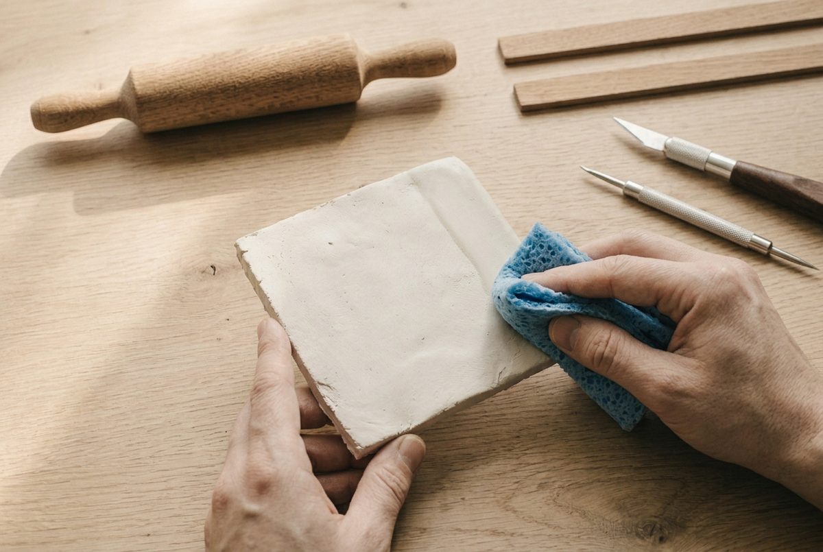 A damp sponge smoothing the edge of a clay coaster