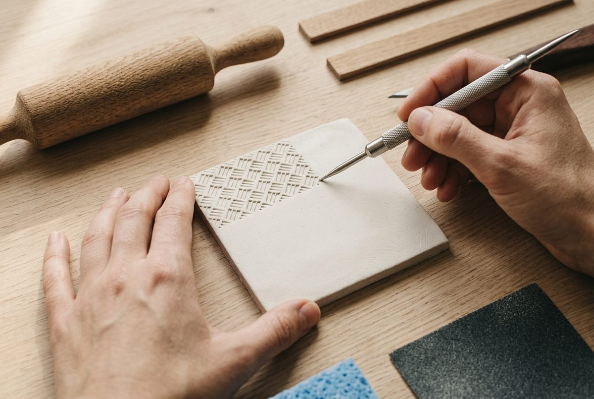 A pointed modelling tool pressing a small repeating pattern into a clay coaster