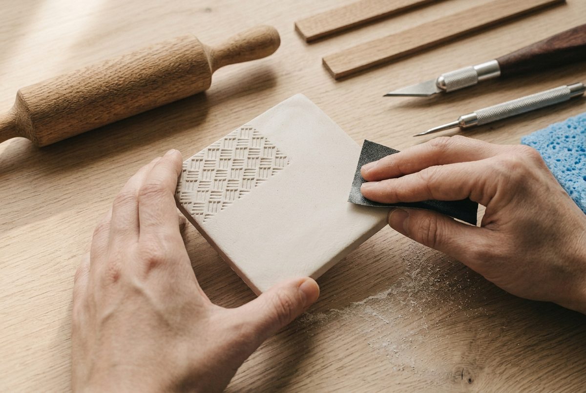 Fine sandpaper smoothing the dried edge of a clay coaster