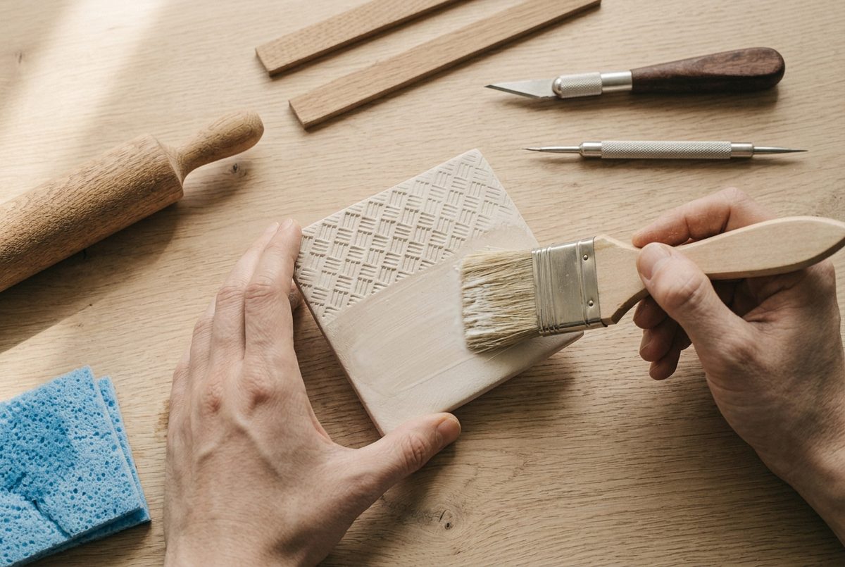 A soft flat brush coating a finished clay coaster with matt sealer